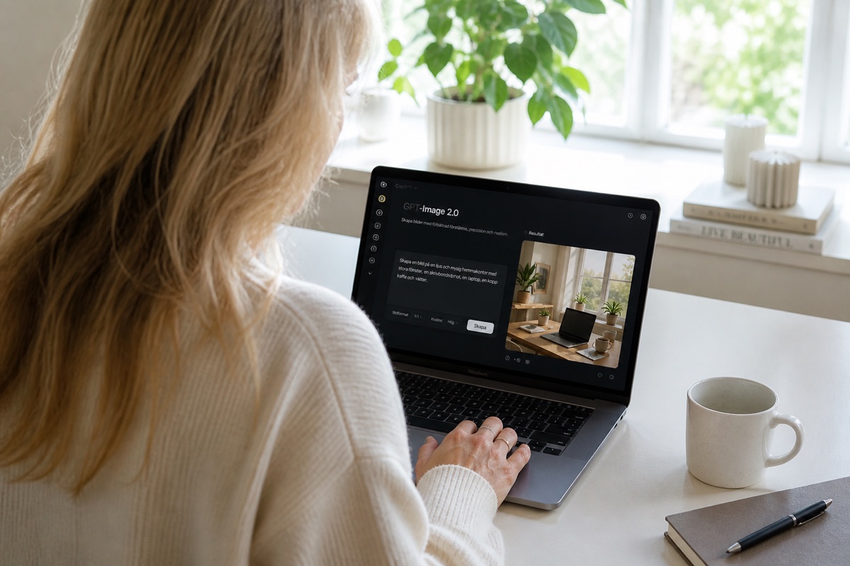 En person vid en laptop som genererar en bild av ett ljust hemmakontor i GPT-Image 2.0.